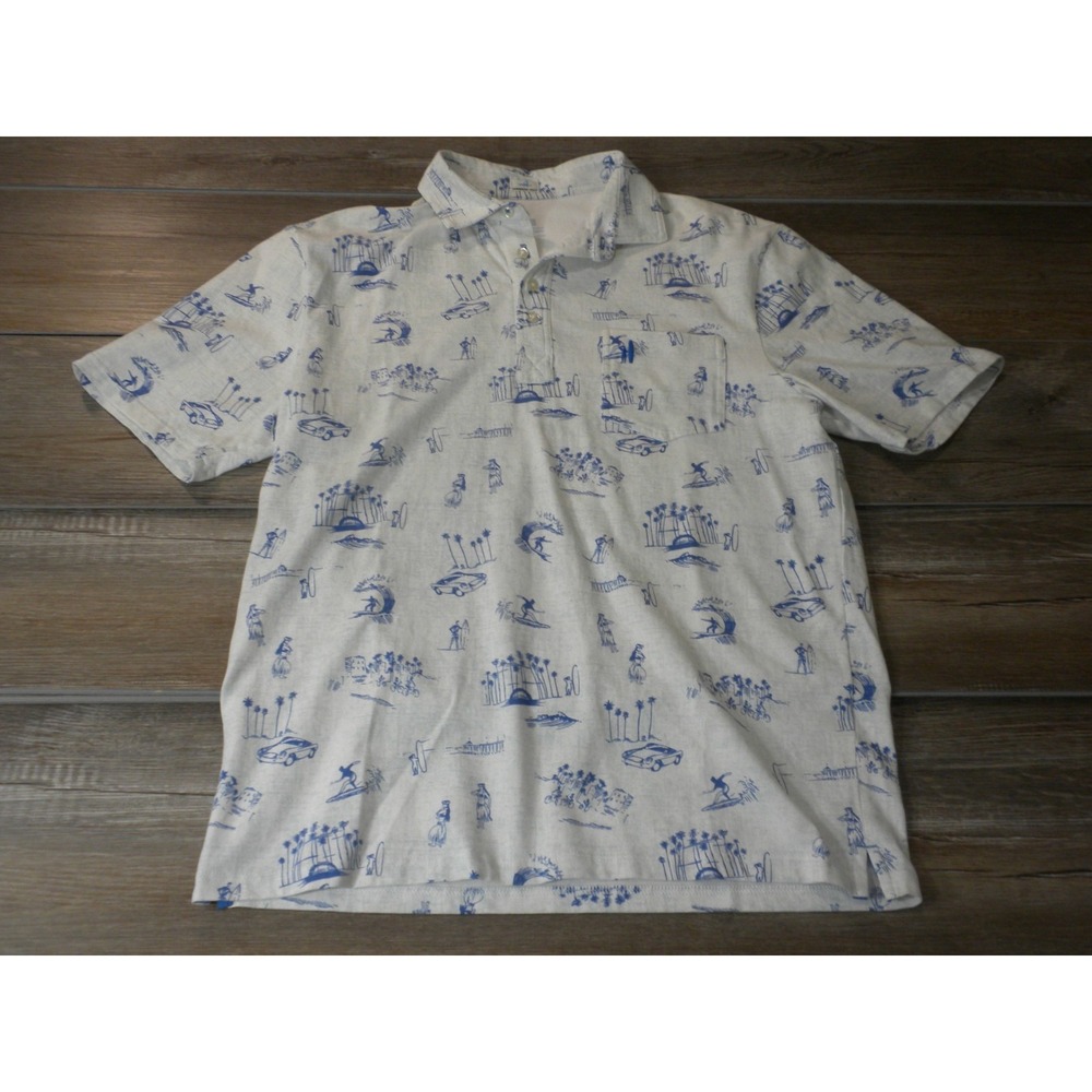 Johnnie-O Polo Shirt Mens M White Blue Hangin Out Beginner's Luck AOP Surf Beach